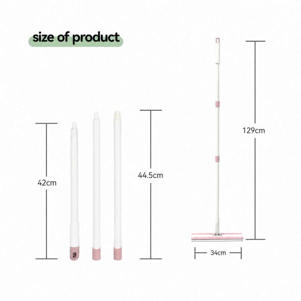 Size chart of the clip-on flat mop: 129 cm overall, 34 cm head, three pole sections