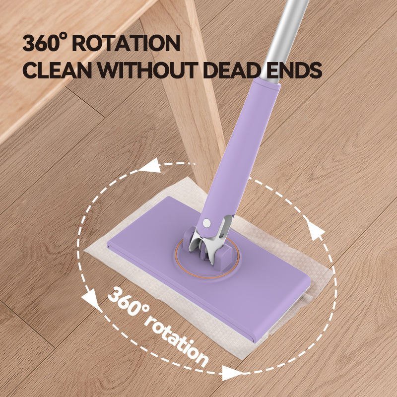Mini flat mop with a paper towel clipped on turning 360° on a wooden floor