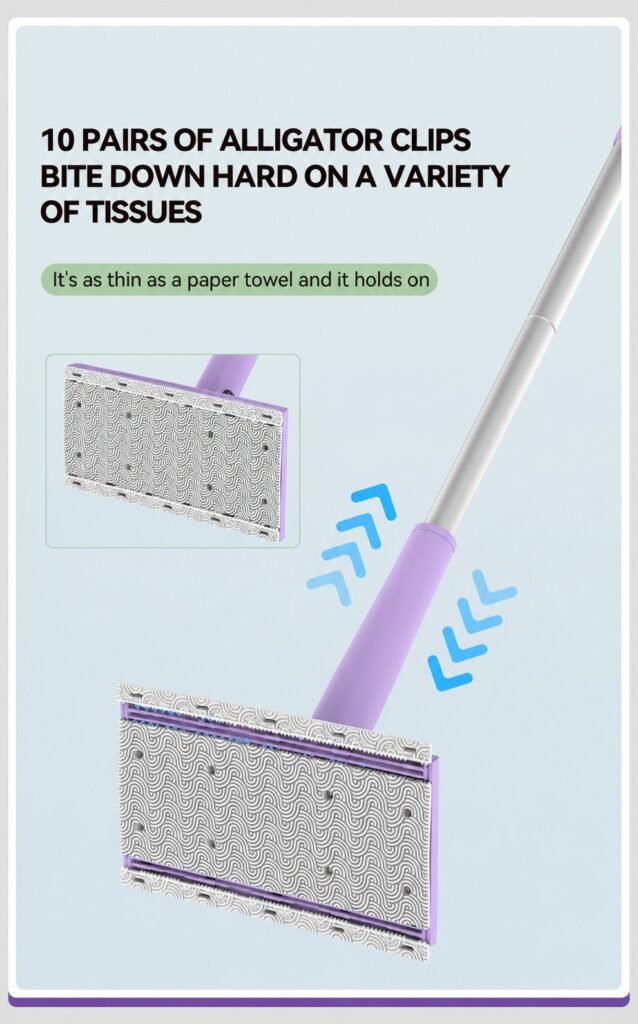 Head of the mini flat mop with its side panels and ten pairs of clips holding a wipe