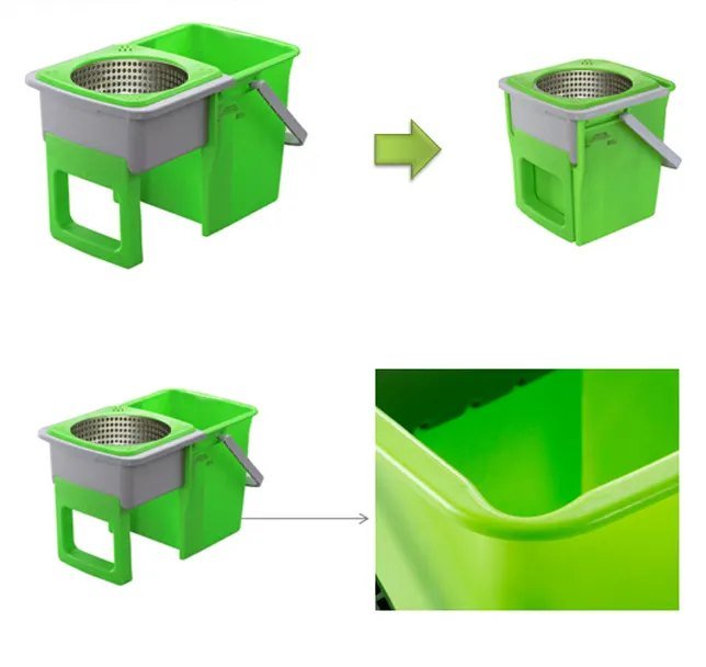Green spin mop bucket shown open and then slid shut, with a close-up of the rim