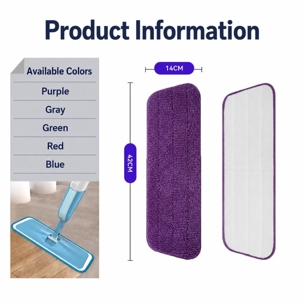 Microfiber mop pad size chart, 42 × 14 cm, with the list of available colours