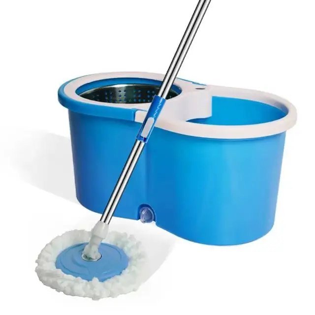 Blue figure-eight spin mop bucket with stainless basket and round microfiber head