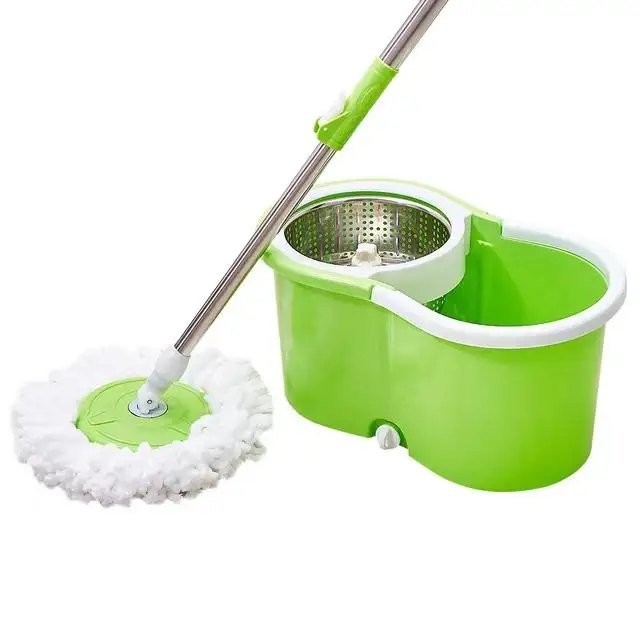 Round microfiber head on the stainless pole beside the green figure-eight spin bucket