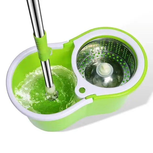 Mop head rinsing in the wash side of the green figure-eight spin mop bucket
