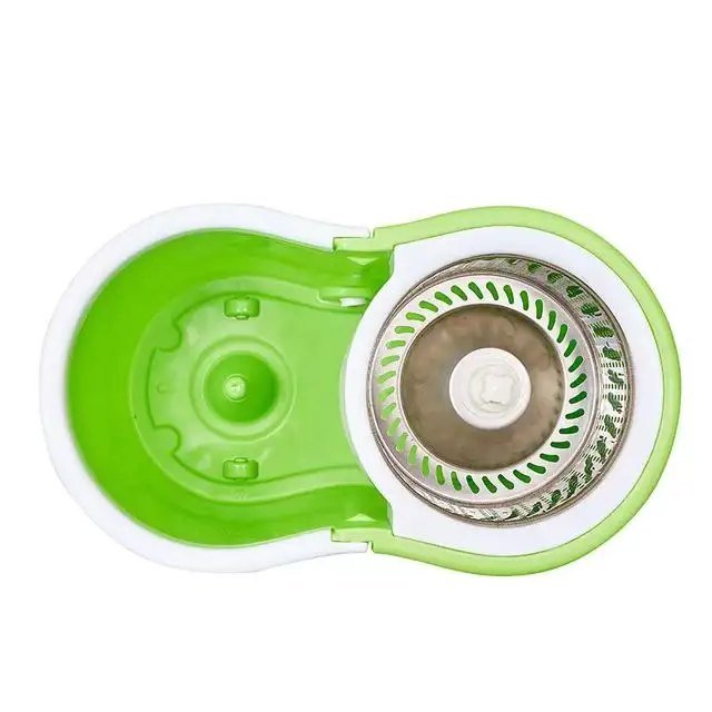 Top view of the green spin mop bucket showing the stainless steel spin basket