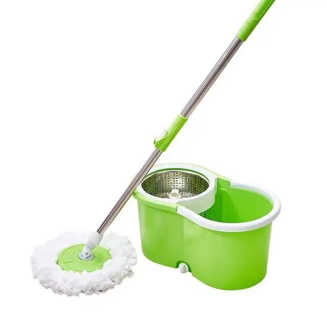 Green compact figure-eight spin mop bucket set with stainless basket and round microfiber head