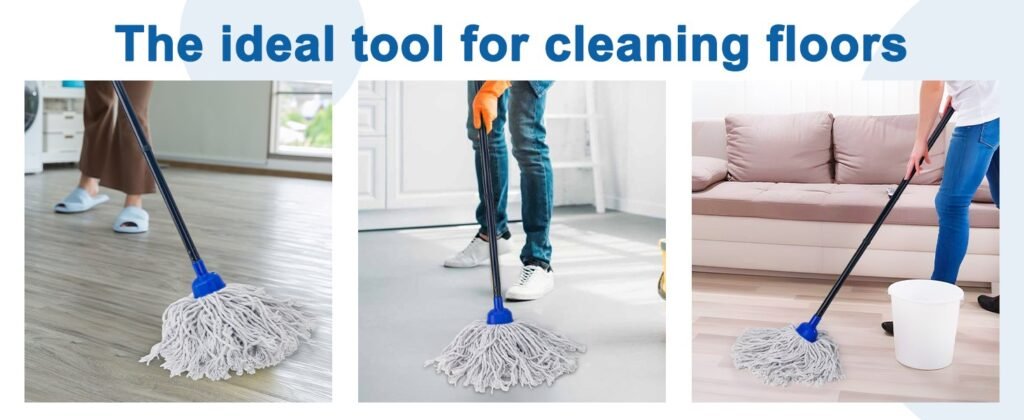 Three scenes of the cotton string mop cleaning wood and tiled floors at home