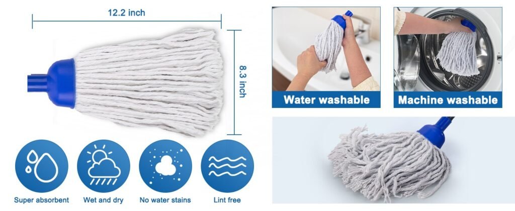 Cotton string mop head measured at 12.2 by 8.3 inches, washed by hand or machine