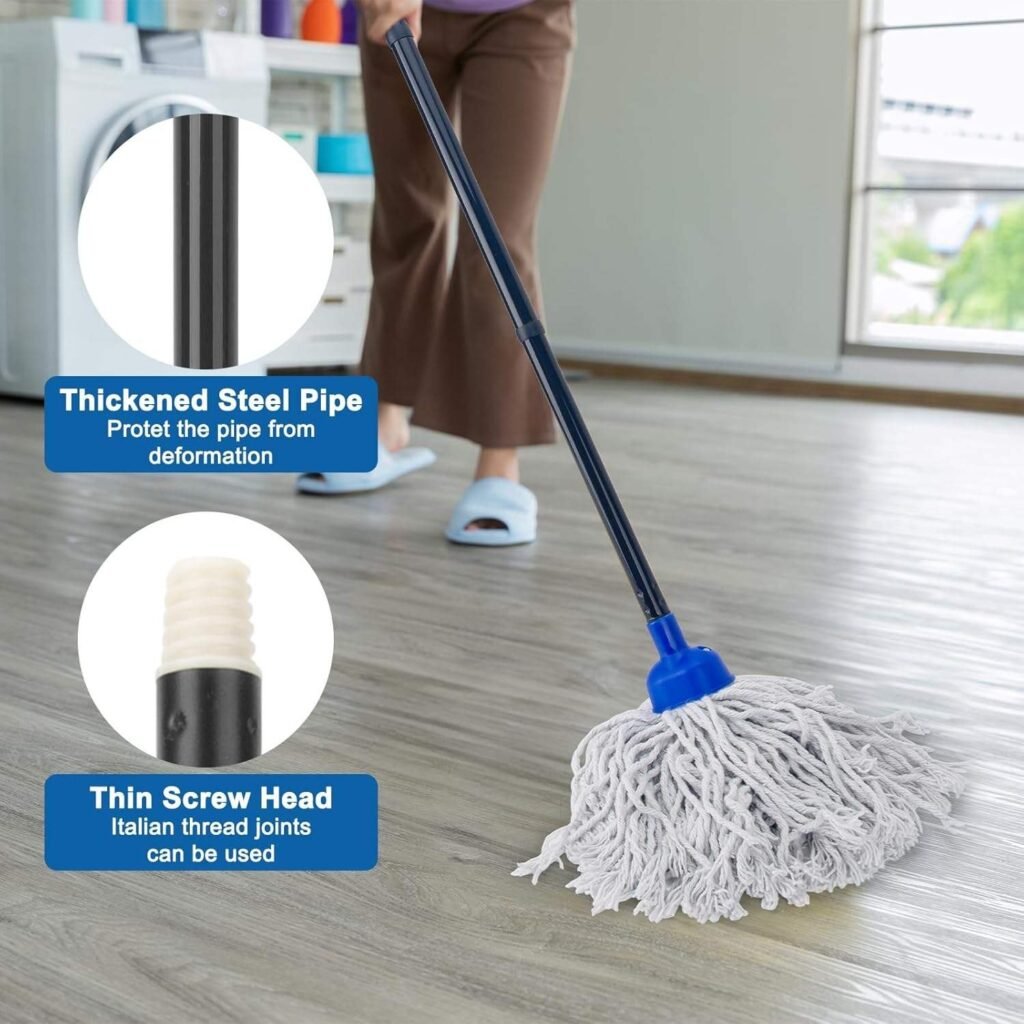 Cotton string mop in use on a grey wooden floor, with close-ups of the steel pipe and its threaded screw end