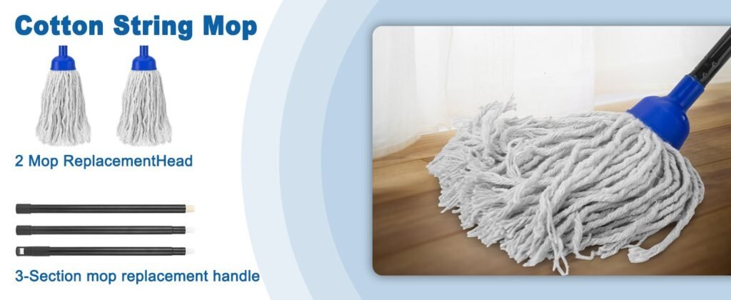Cotton string mop set: two heads and a three-section handle, shown on a floor