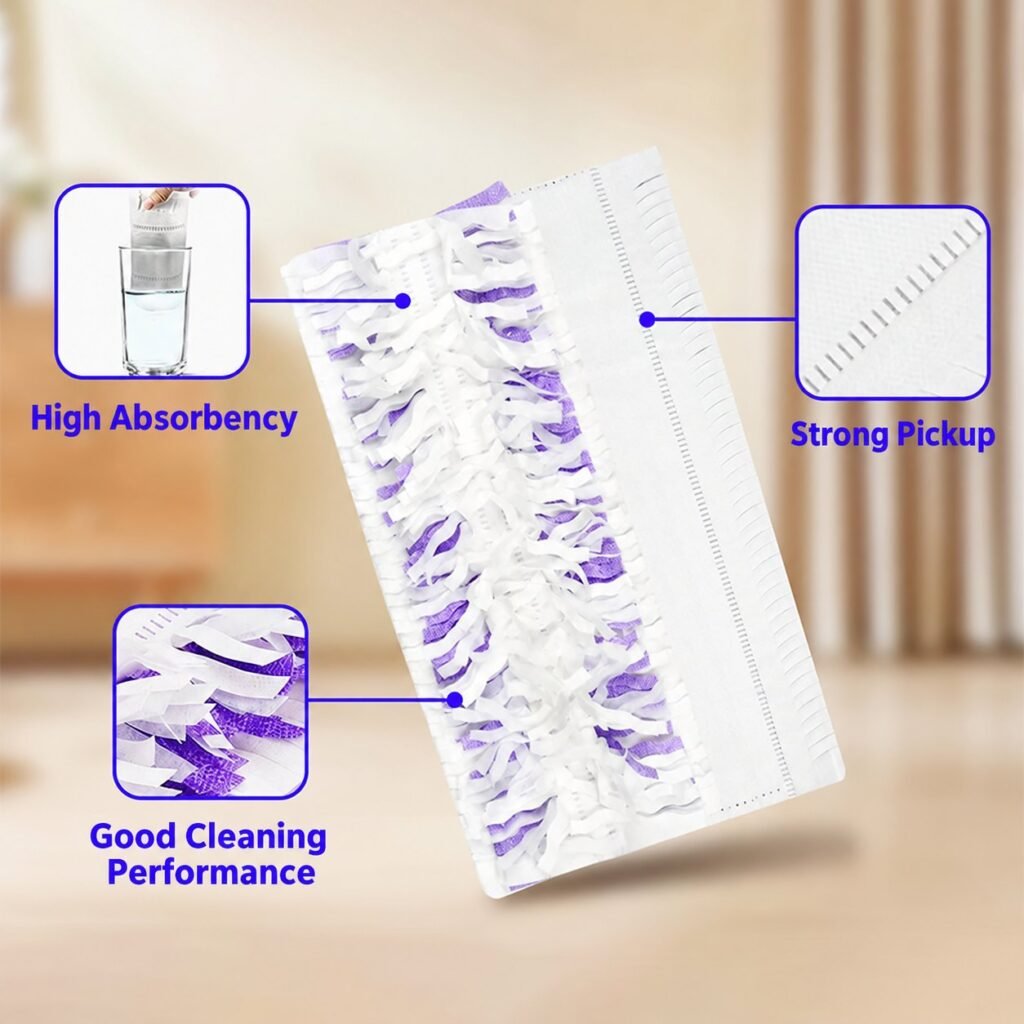 Disposable mop pad showing its fringed face, absorbent layers and slit backing