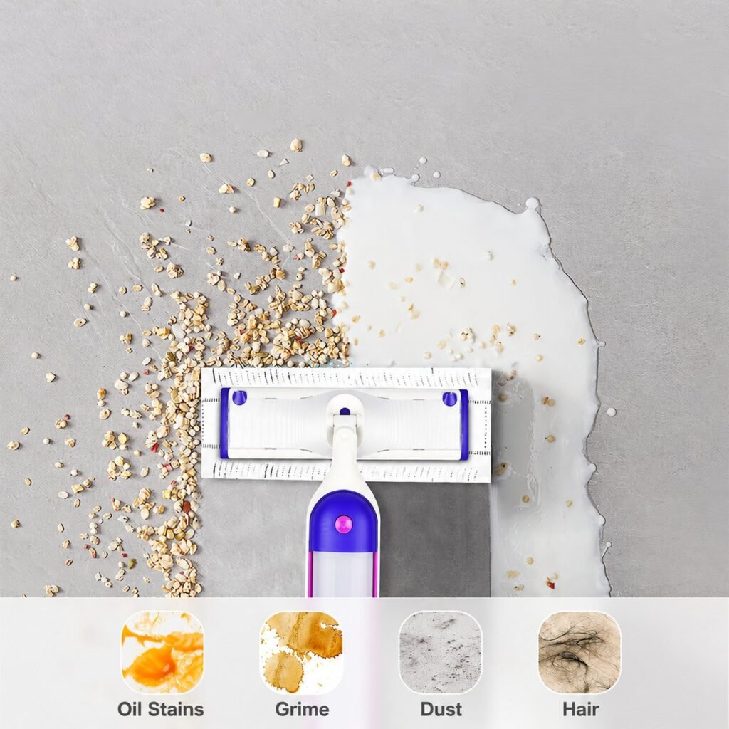 Flat spray mop with a disposable fringed pad clearing spilt cereal and milk