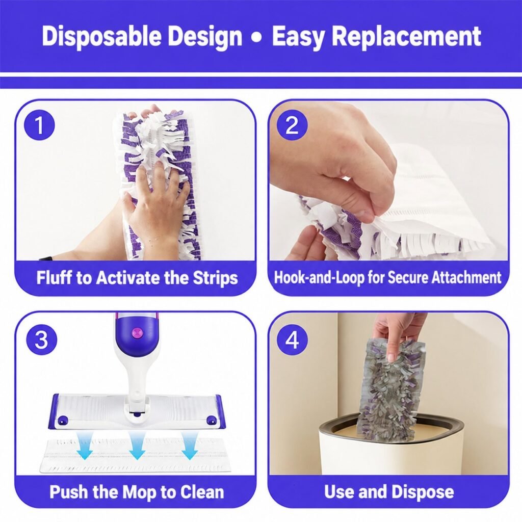 Four steps with the disposable mop pad: fluff, attach, mop and throw away