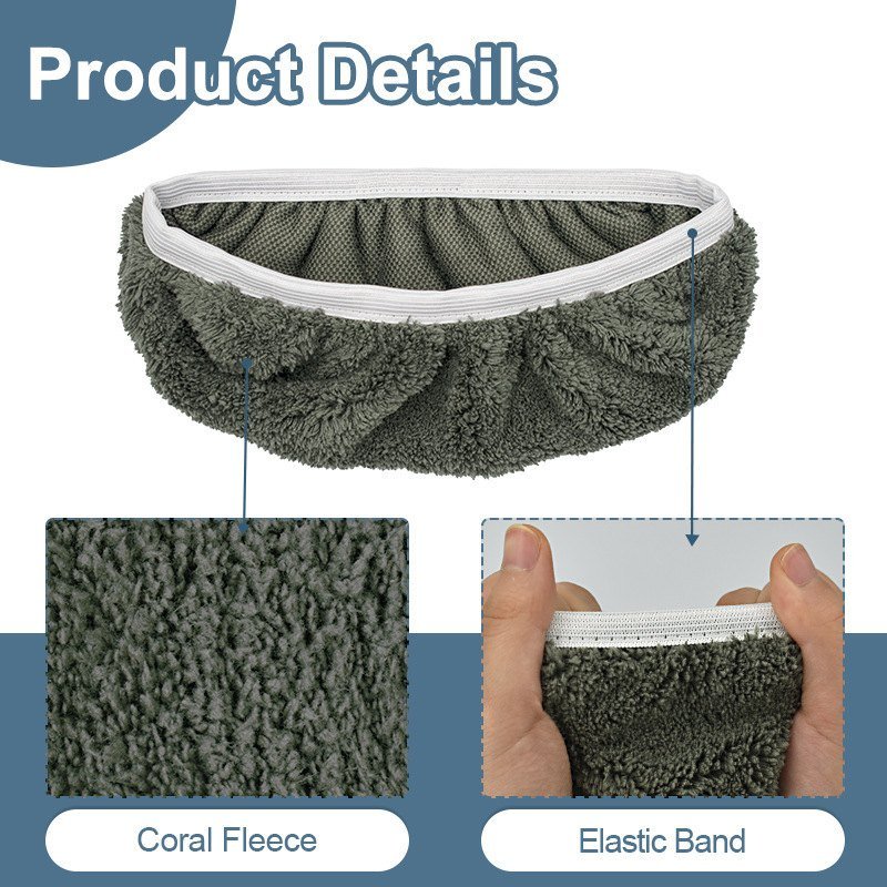 Grey coral fleece mop cover with close-ups of the pile and elastic band
