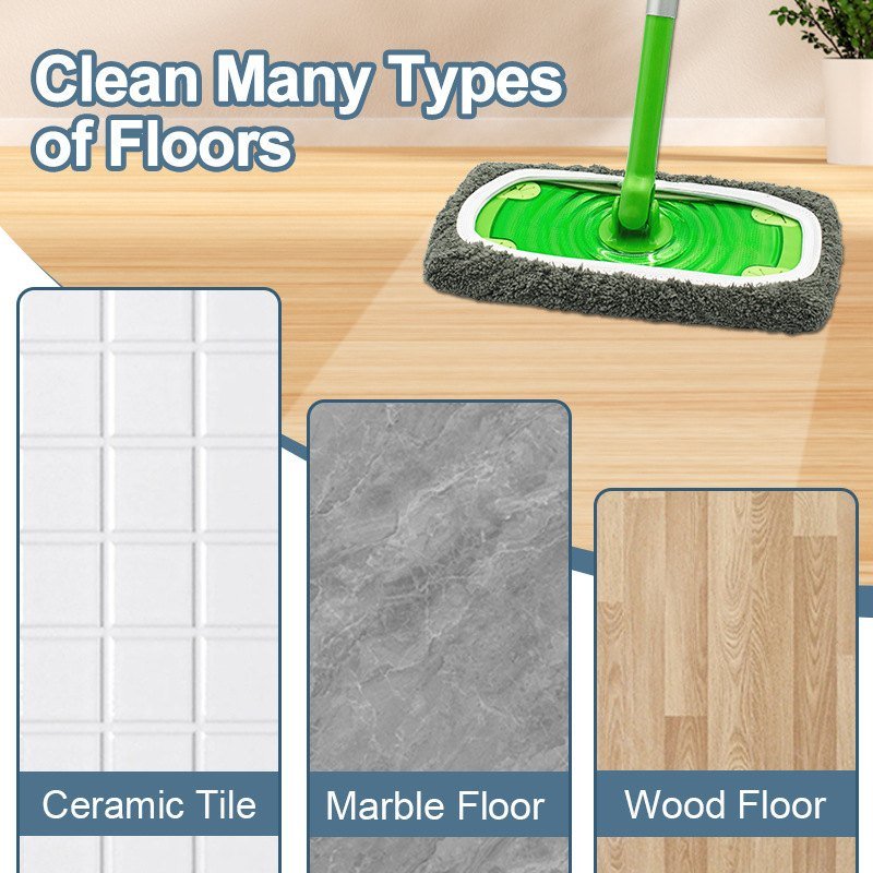Sweeper mop with a grey cover on wood, beside tile and marble samples