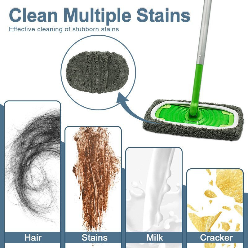 Grey sweeper mop cover with insets of hair, stains, milk and crumbs