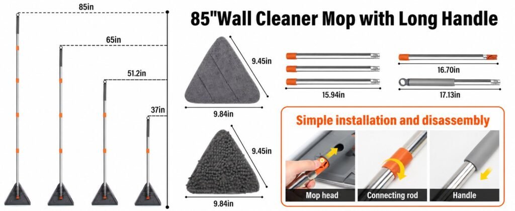 Size chart of the extendable wall mop: four pole lengths from 94 to 216 cm and triangle pad sizes