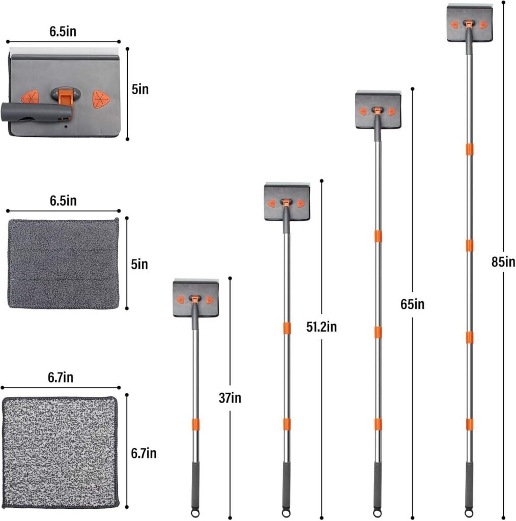 Size chart of the rectangular wall mop head and pads with four pole lengths