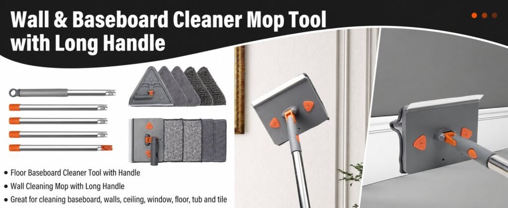 Wall mop pole sections with the triangle head, rectangular head and spare microfiber and chenille pads