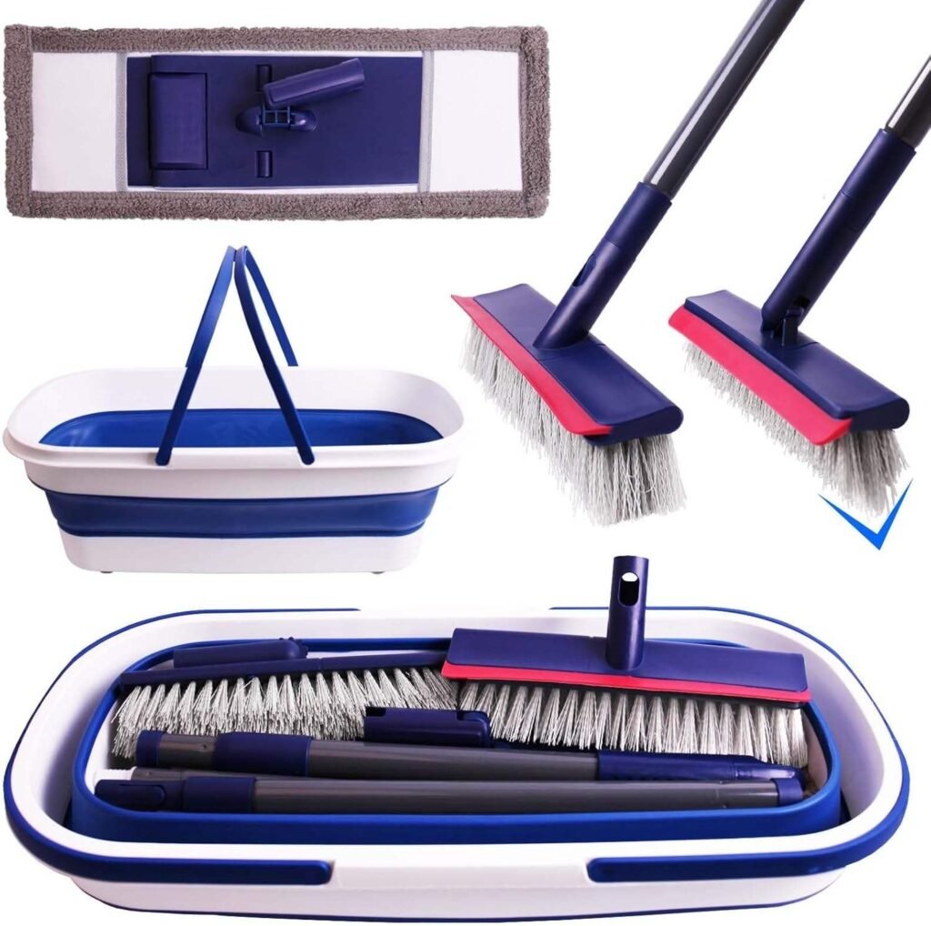 Flat Mop and Floor Brush Kit with Collapsible Bucket