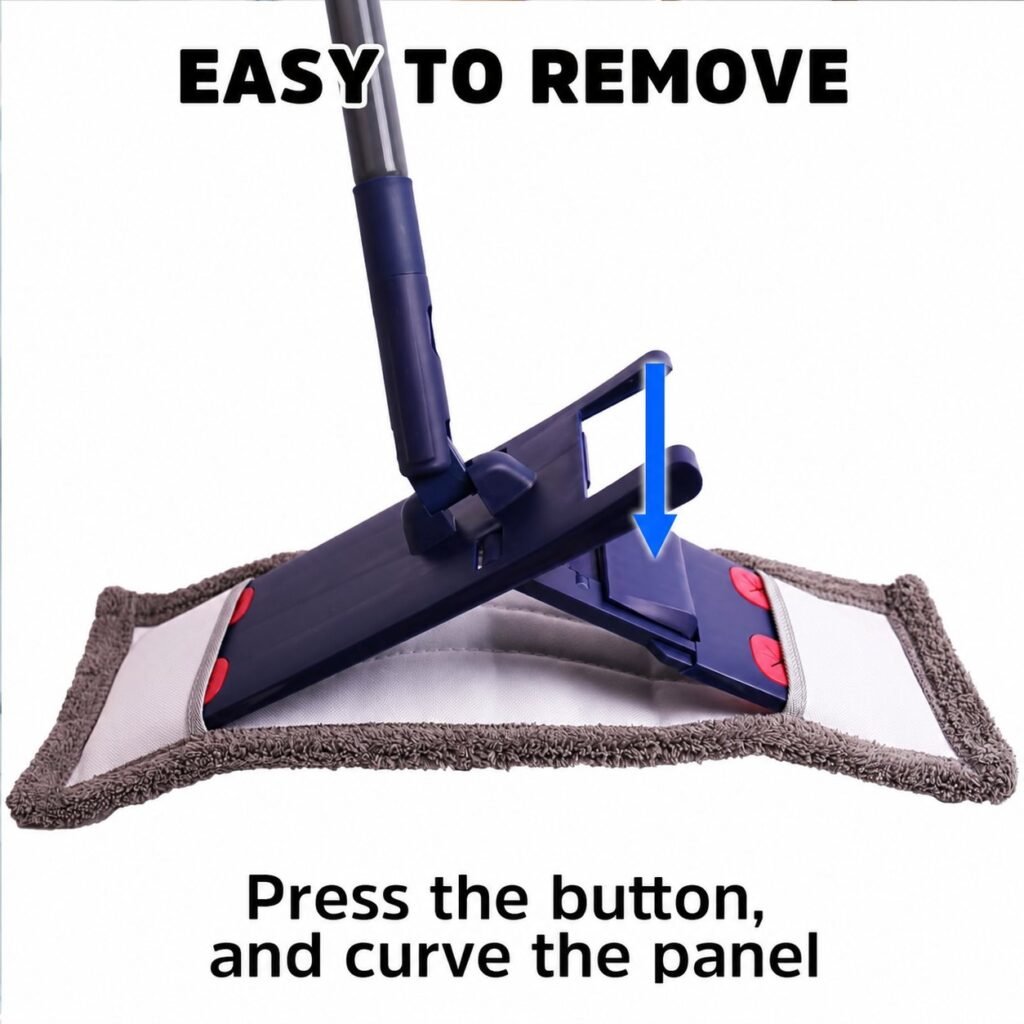 Flat mop plate folding at the press of a button to release the microfiber pad