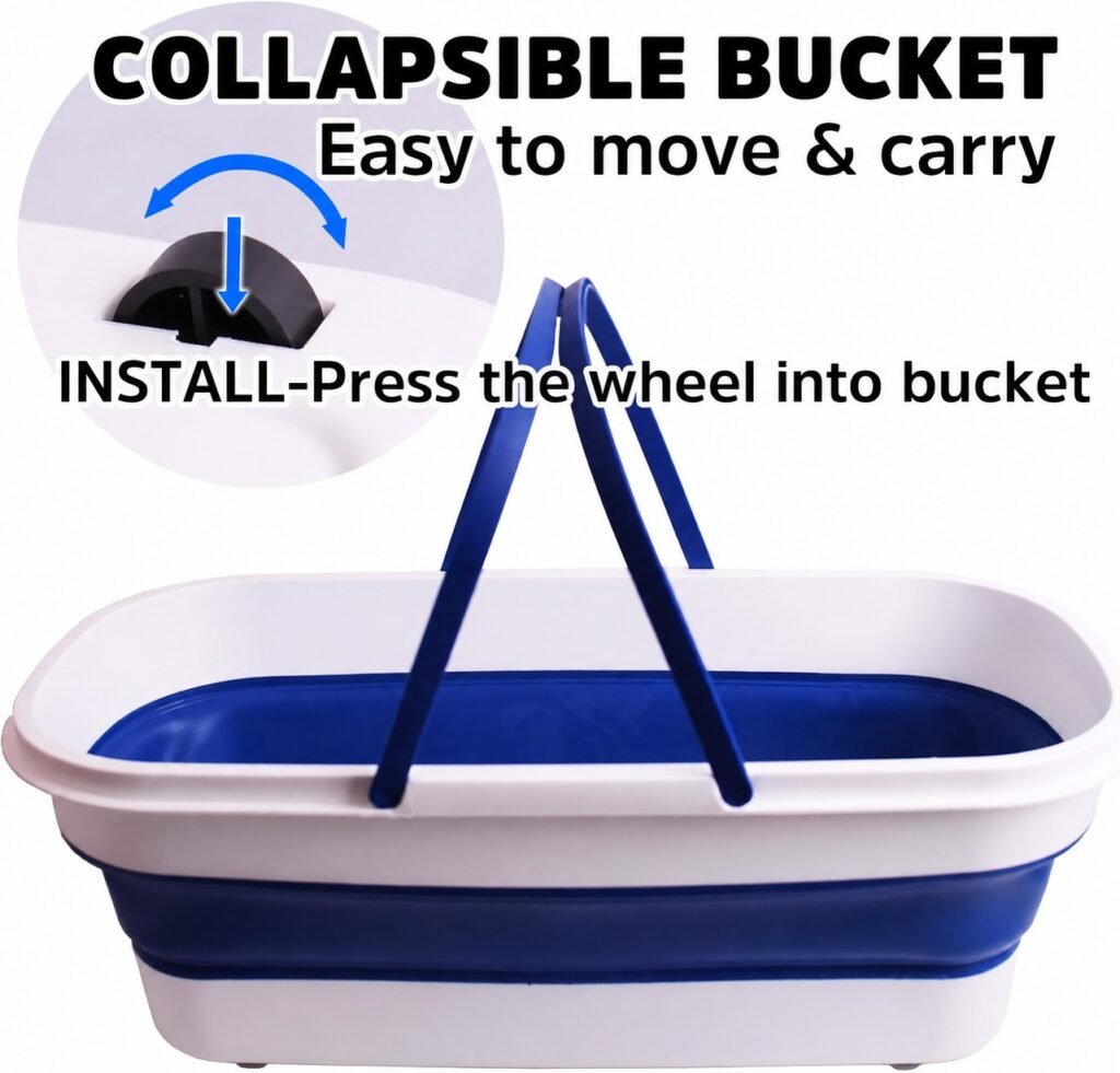 Collapsible bucket with blue handles and the press-in wheel shown close up