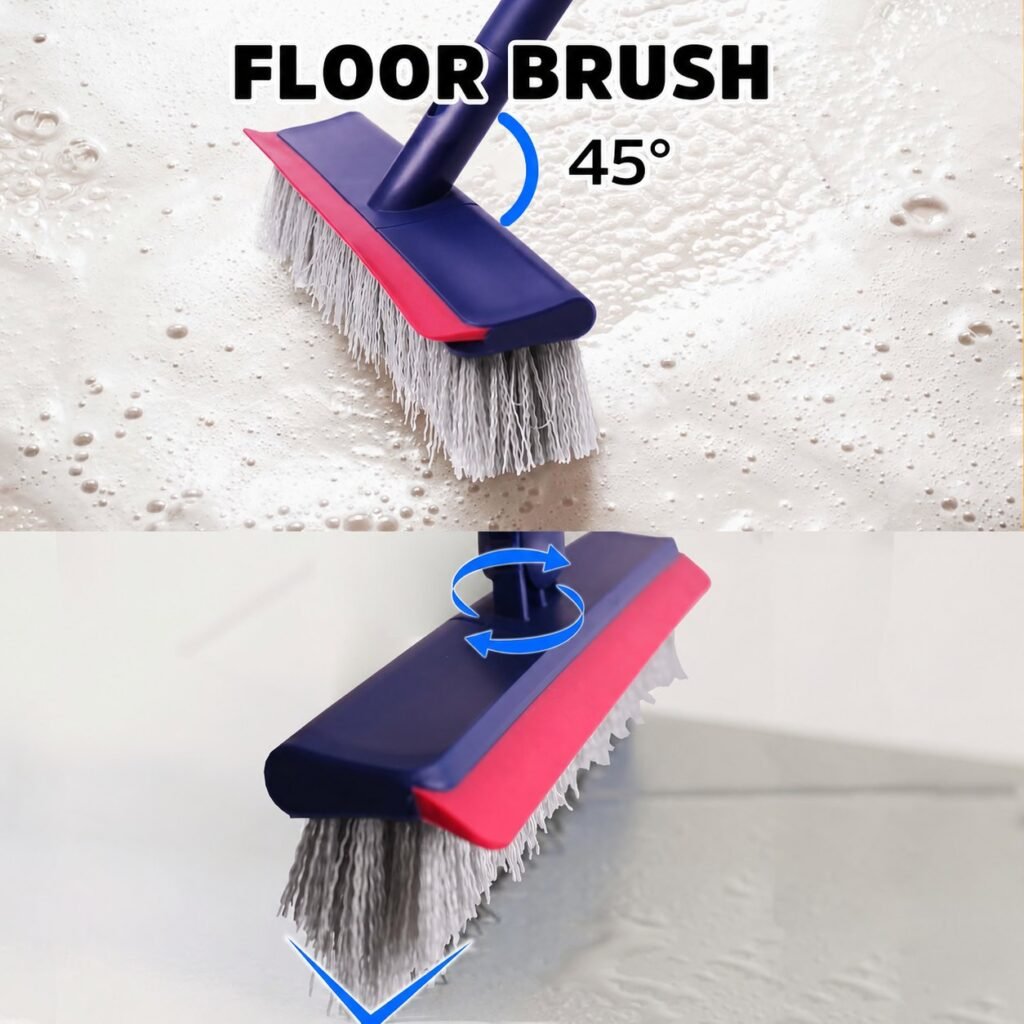 Floor brush with a 45° head and red rubber edge scrubbing a wet floor