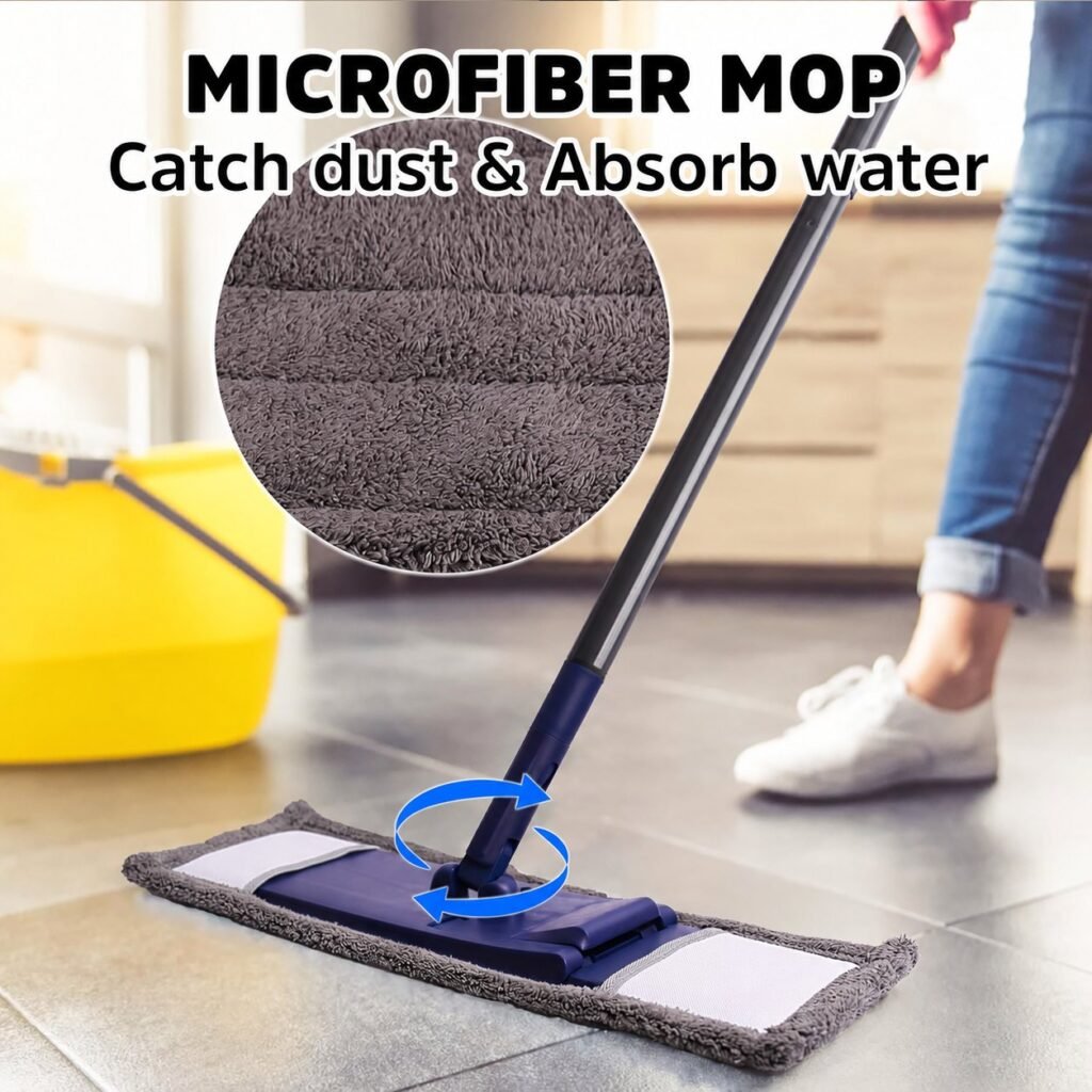 Microfiber flat mop with swivel joint mopping a tiled floor, pad shown close up
