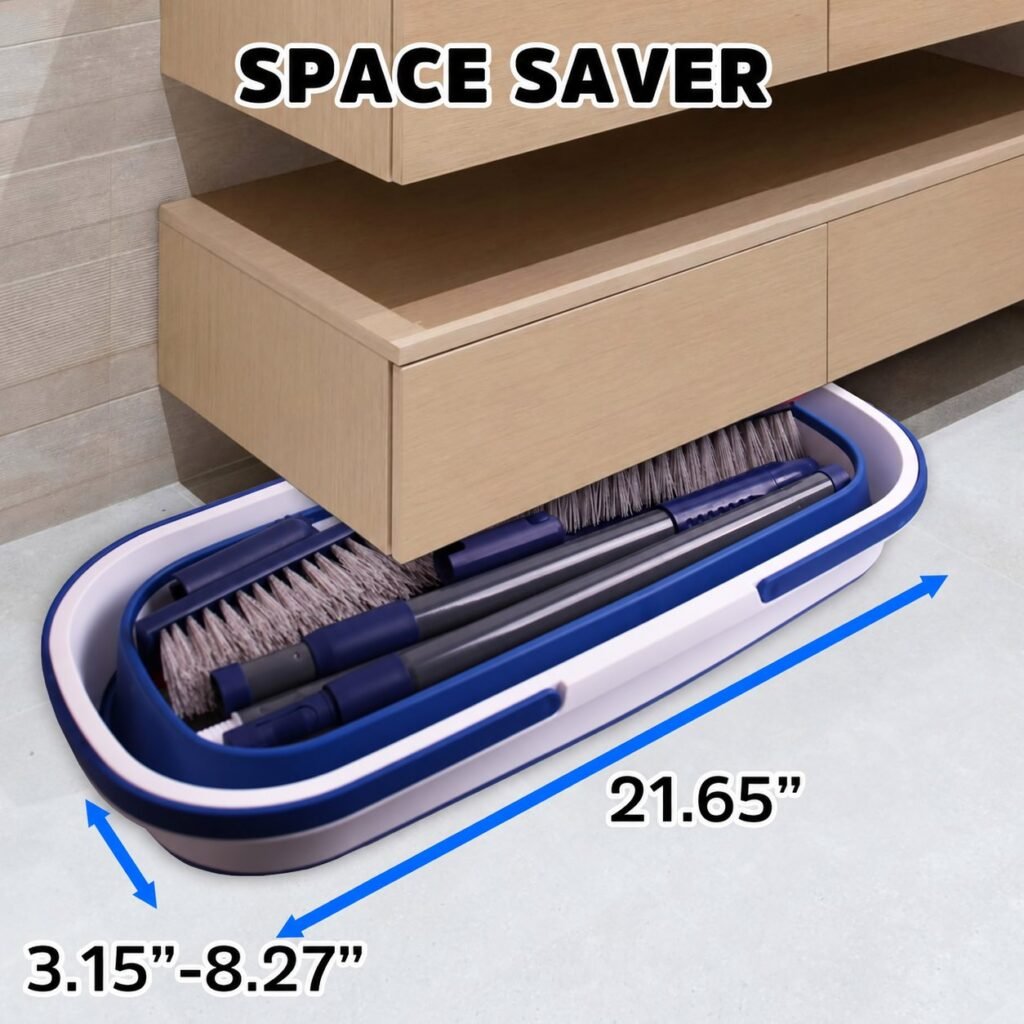 Folded bucket with brush and poles stored under a bathroom cabinet, 21.65 in long