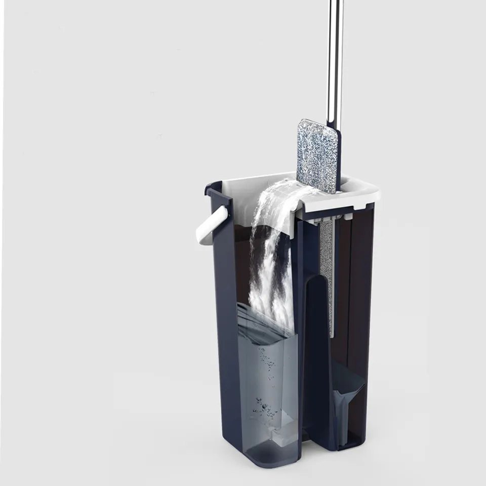 Dark navy squeeze bucket cutaway with the flat mop pad being wrung