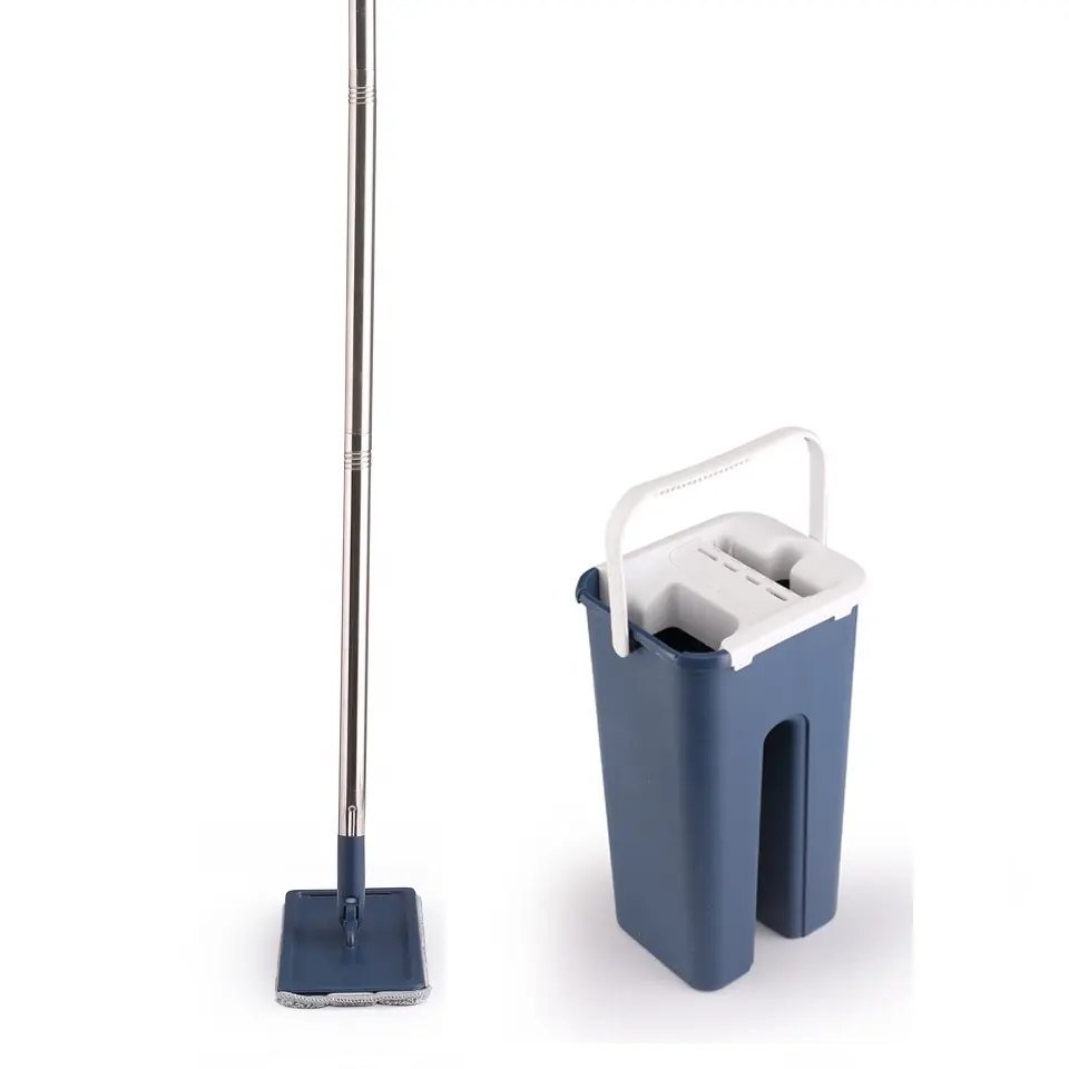 Flat mop standing beside its slim blue squeeze bucket, showing the bucket's narrow footprint