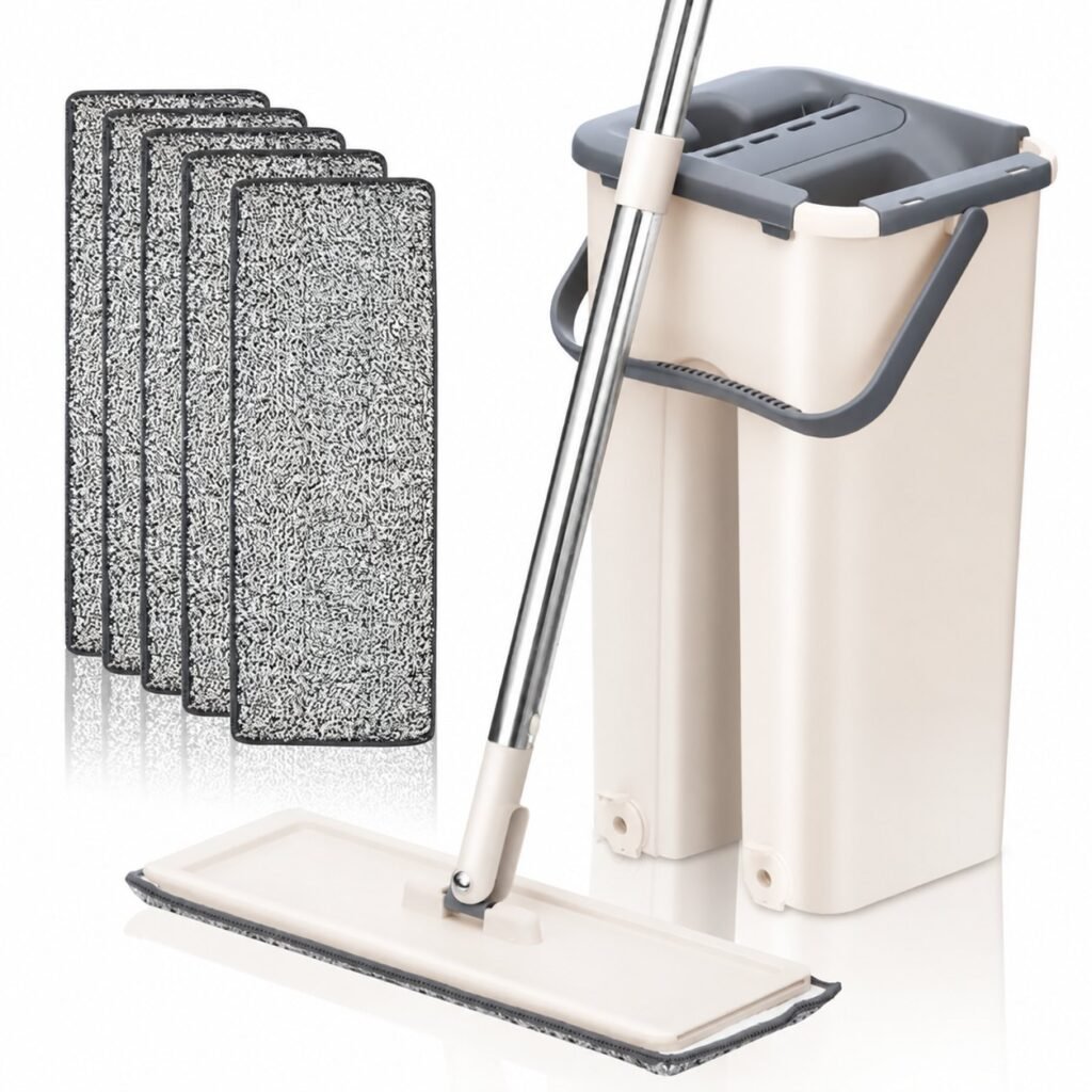 Flat mop and squeeze bucket set on white, shown with five grey microfiber pads