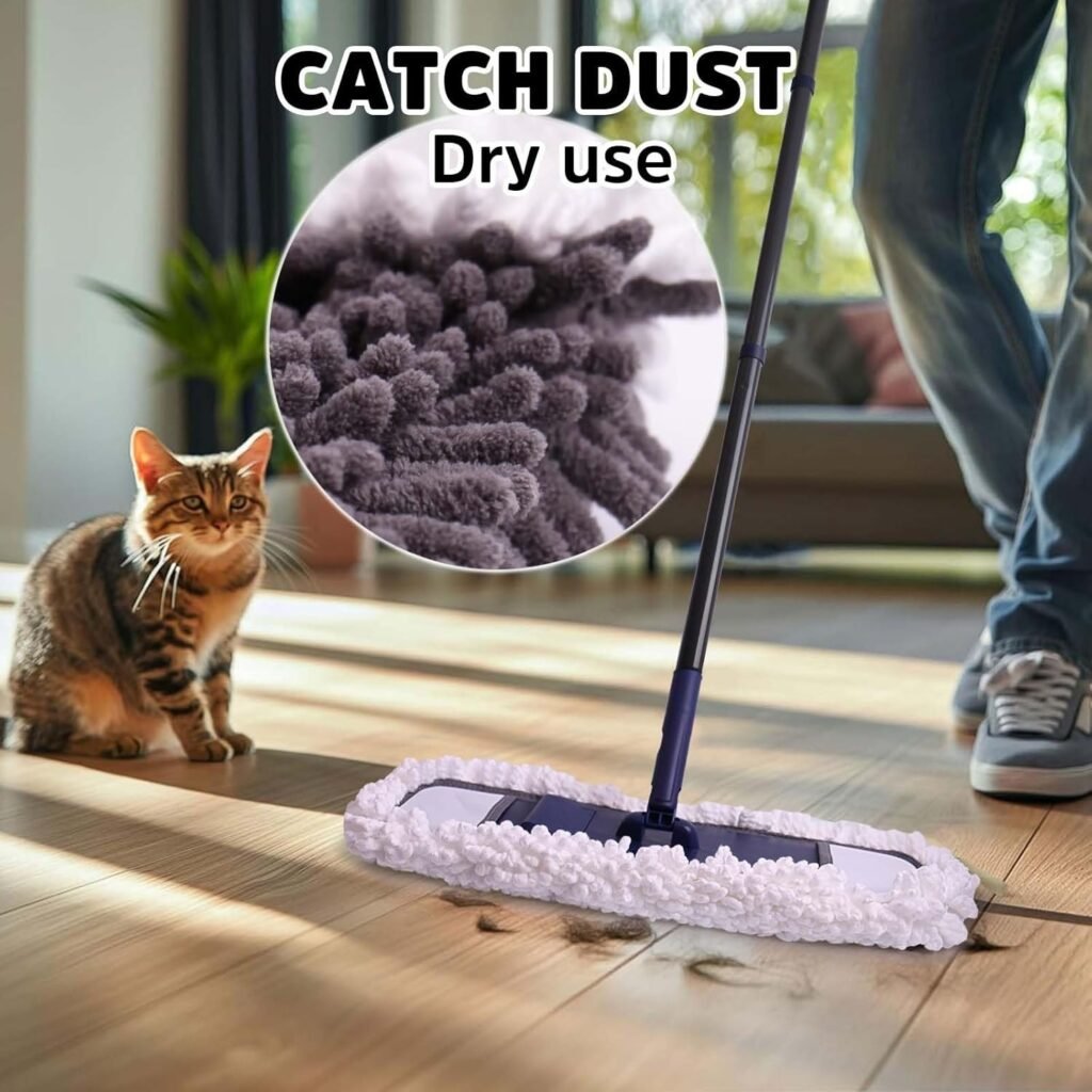 Chenille pad of the flat mop catching dust, with a close-up of its loops