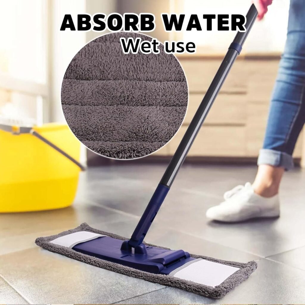 Microfiber pad of the flat mop used wet, with a close-up of the pile