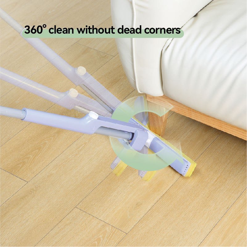 PVA sponge mop head turning on its 360° swivel joint beside a sofa leg