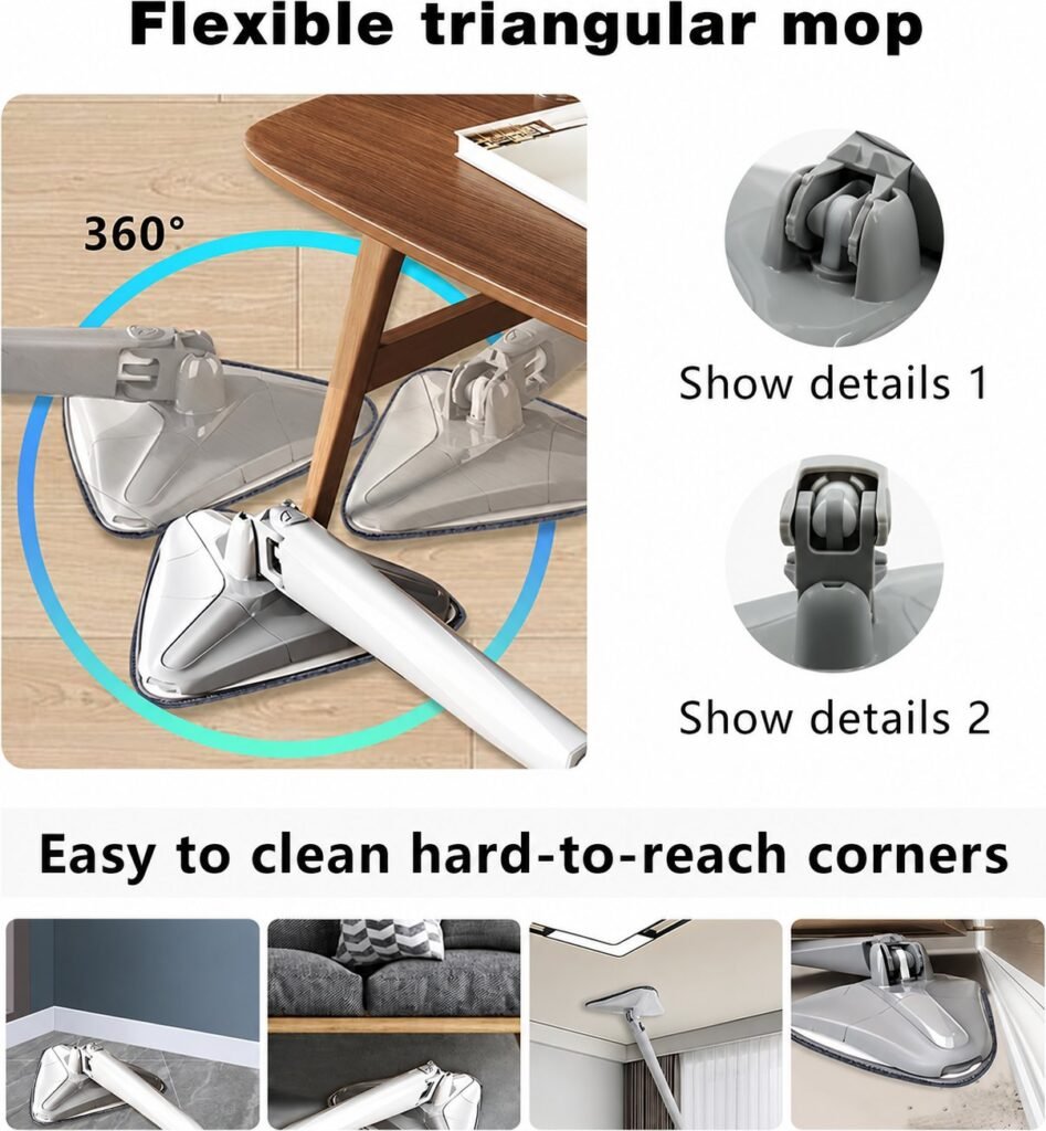 Flexible triangle mop cleaning around a table leg, along skirting and on a ceiling