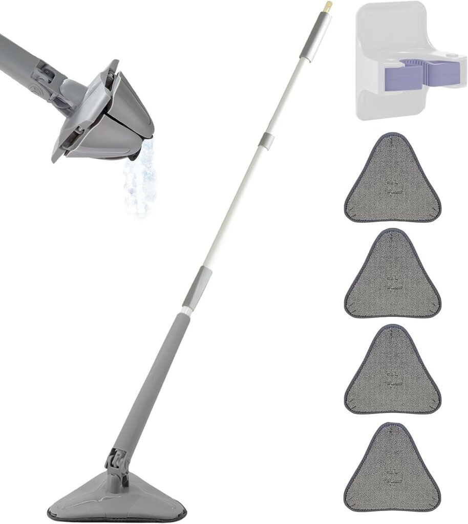 Triangle mop head folded shut wringing out water, shown with four microfiber pads and a wall clip