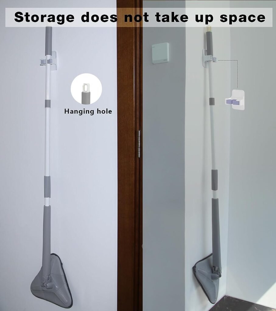 Triangle mop hanging on a wall clip by its hanging hole beside a door