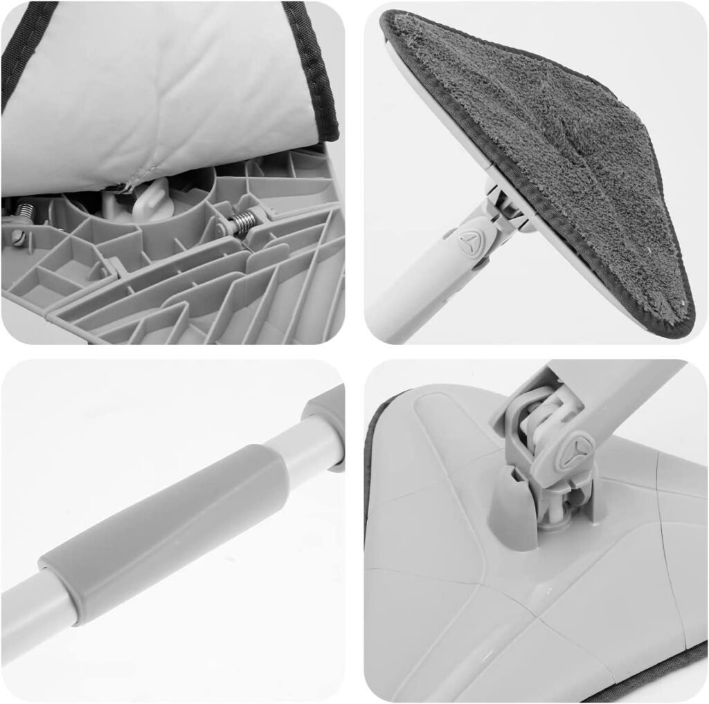 Four close-ups of the triangle mop: spring-loaded head, microfiber pad, pole grip and swivel joint