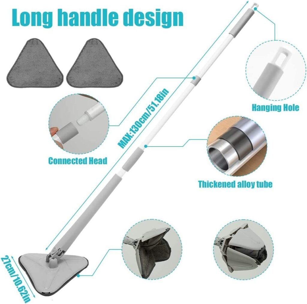 Size chart of the triangle mop showing the sectional pole up to 130 cm and two pads