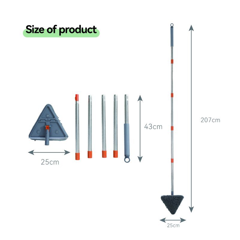 Size chart of the triangle wall mop: 25 cm head, 43 cm pole sections, 207 cm length