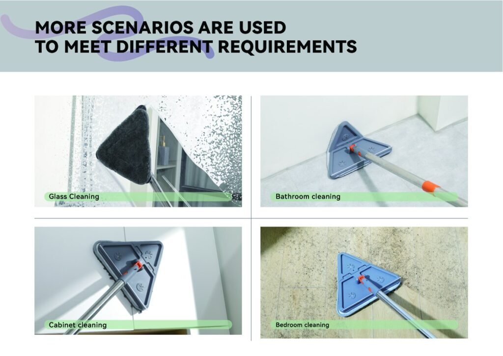 Triangle wall mop used on glass, a bathroom floor, a cabinet and a bedroom floor