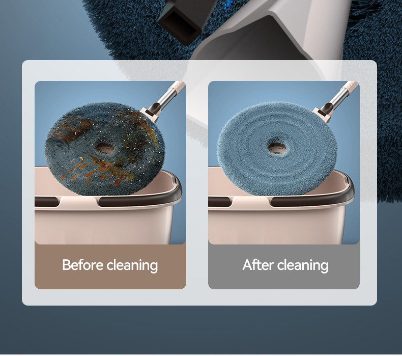 Round mop pad before and after being washed and spun in the coffee-coloured bucket