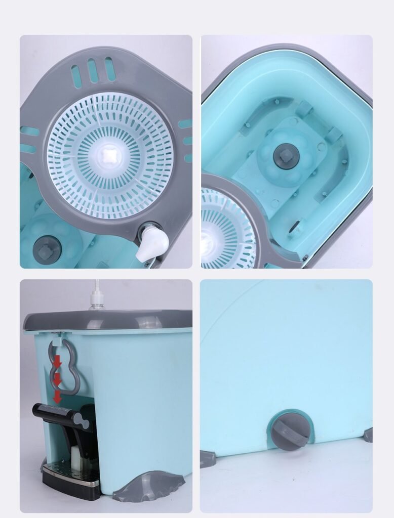 Close-ups of the light blue spin bucket: basket, wash floor, pedal and drain plug