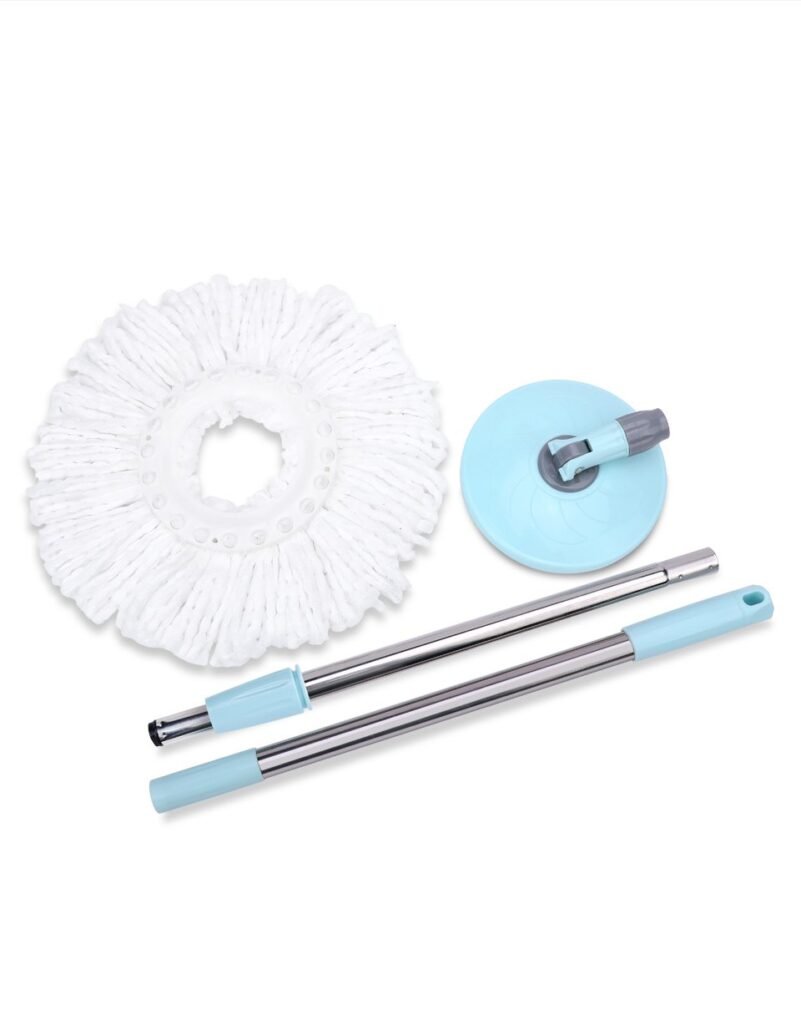 Foot-pedal spin mop parts: round microfiber head, swivel tray and two pole sections