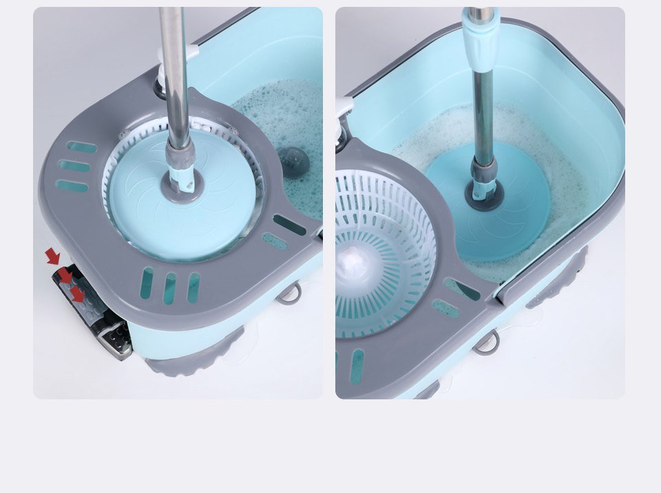 Spin mop head spun in the basket by the foot pedal, and rinsed in the wash side