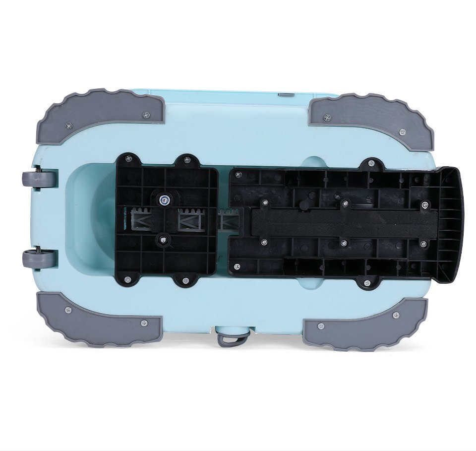 Underside of the light blue pedal spin bucket showing the pedal frame and corner feet