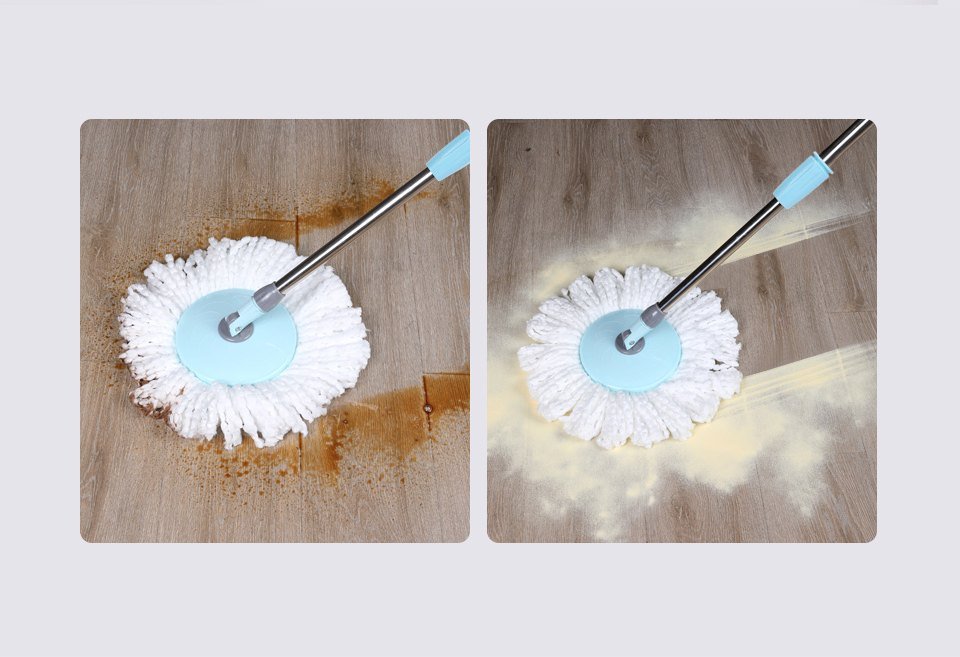 Round microfiber spin mop head on a wet spill and on a dusty wooden floor
