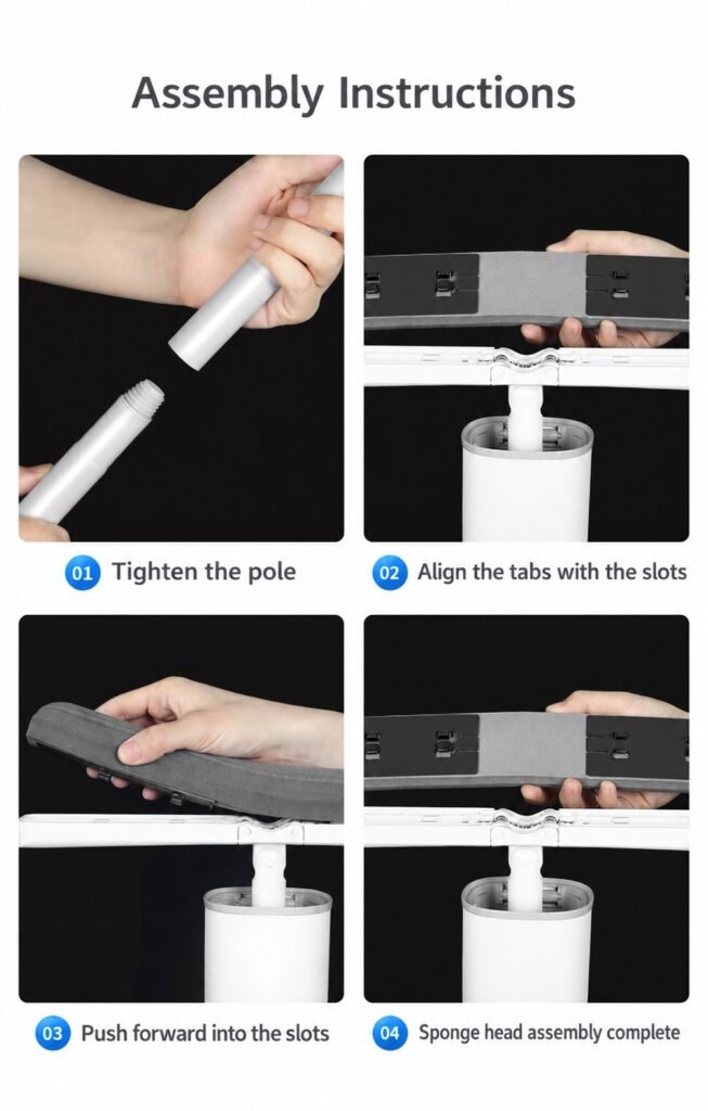 Four assembly steps of the sponge mop: screw the pole, align tabs, push the head in