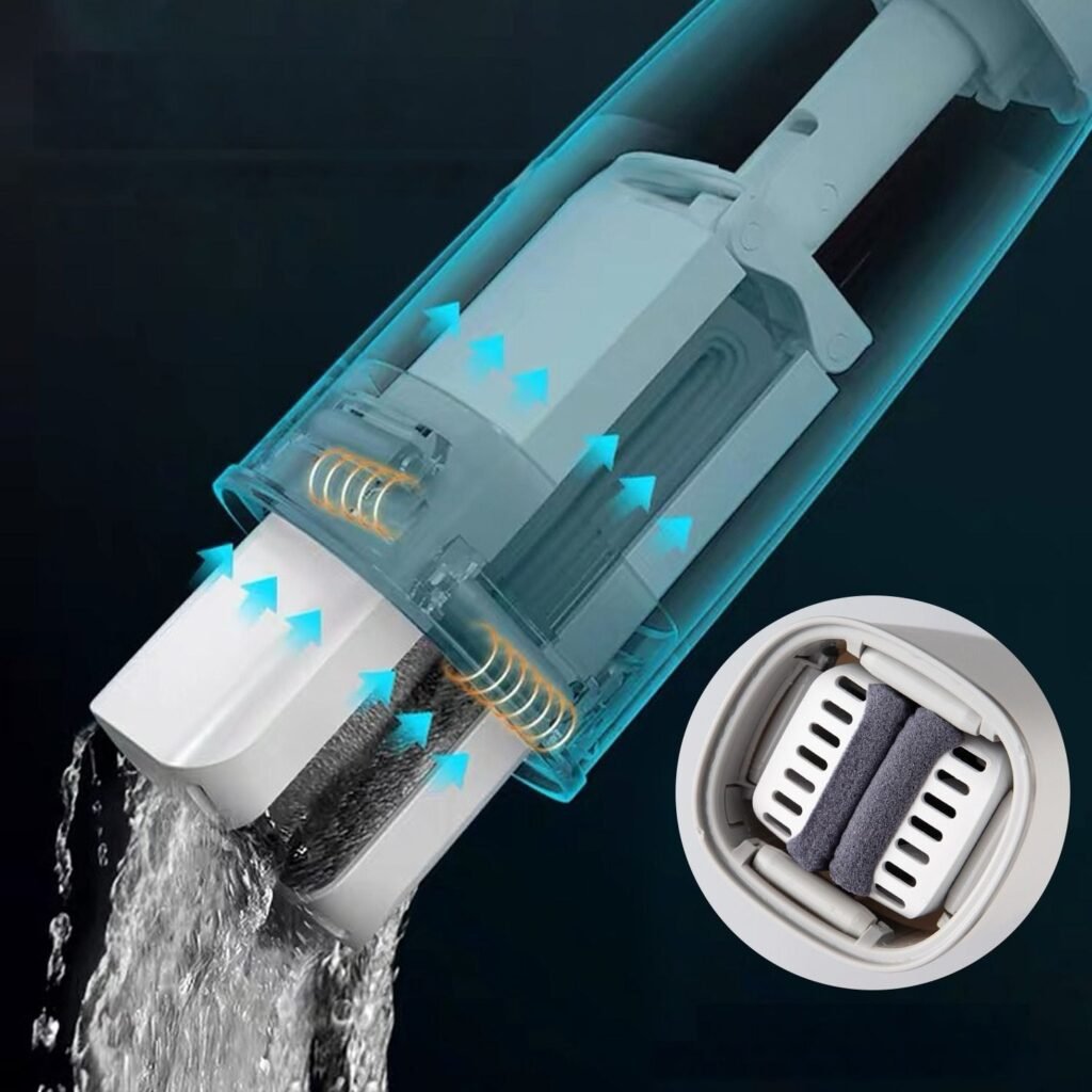 Cutaway of the mop sleeve showing four rows of spring-loaded rollers squeezing the sponge